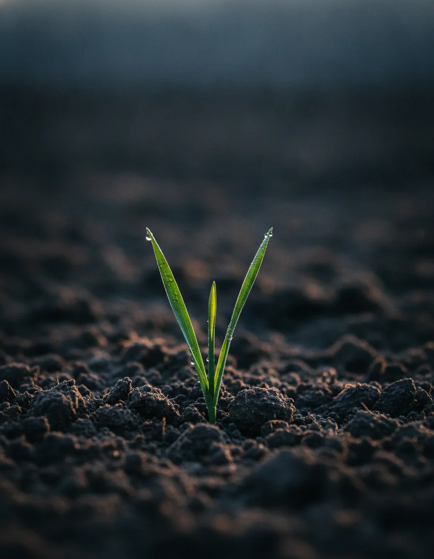 Broto de trigo nascendo em terra escura e fértil, na luz da manhã